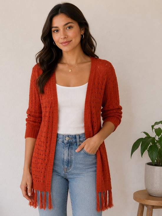Sweaters - Boho Burnt Orange Fringe Cardigan , Open Knit Festival Sweater Size S